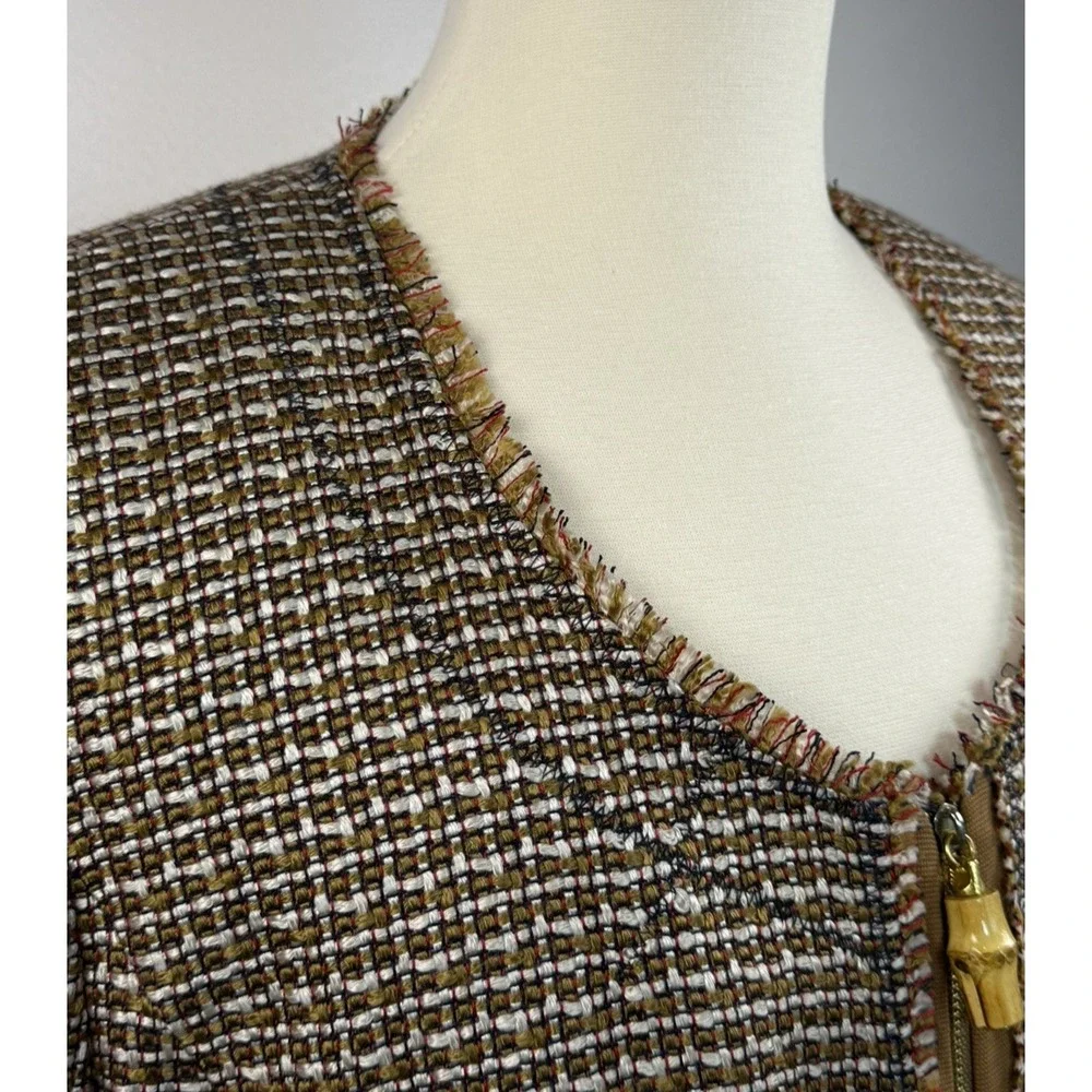 Ellen Tracy Beige Tweed Bamboo Accents Zip Blazer Size 16